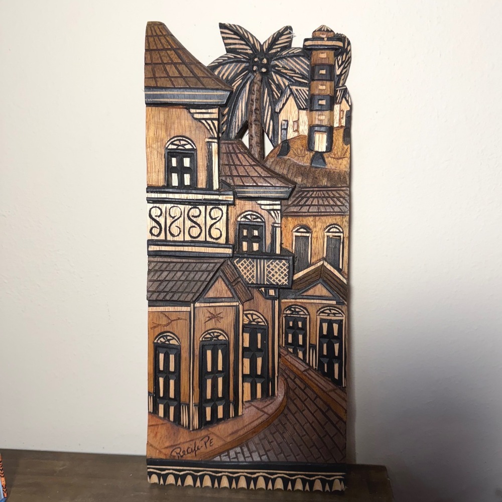 Recife Brazil Hand Carved Wood Relief Wall Art Folk Art Architecture Lighthouse